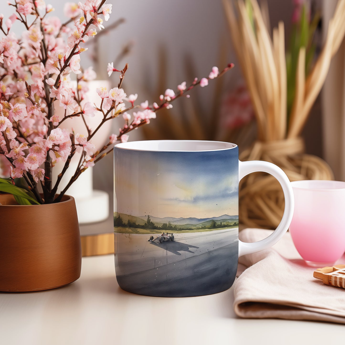 Hrnek s formulí na závodní dráze