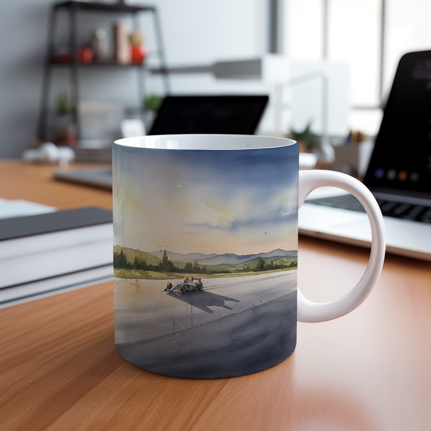 Hrnek s formulí na závodní dráze