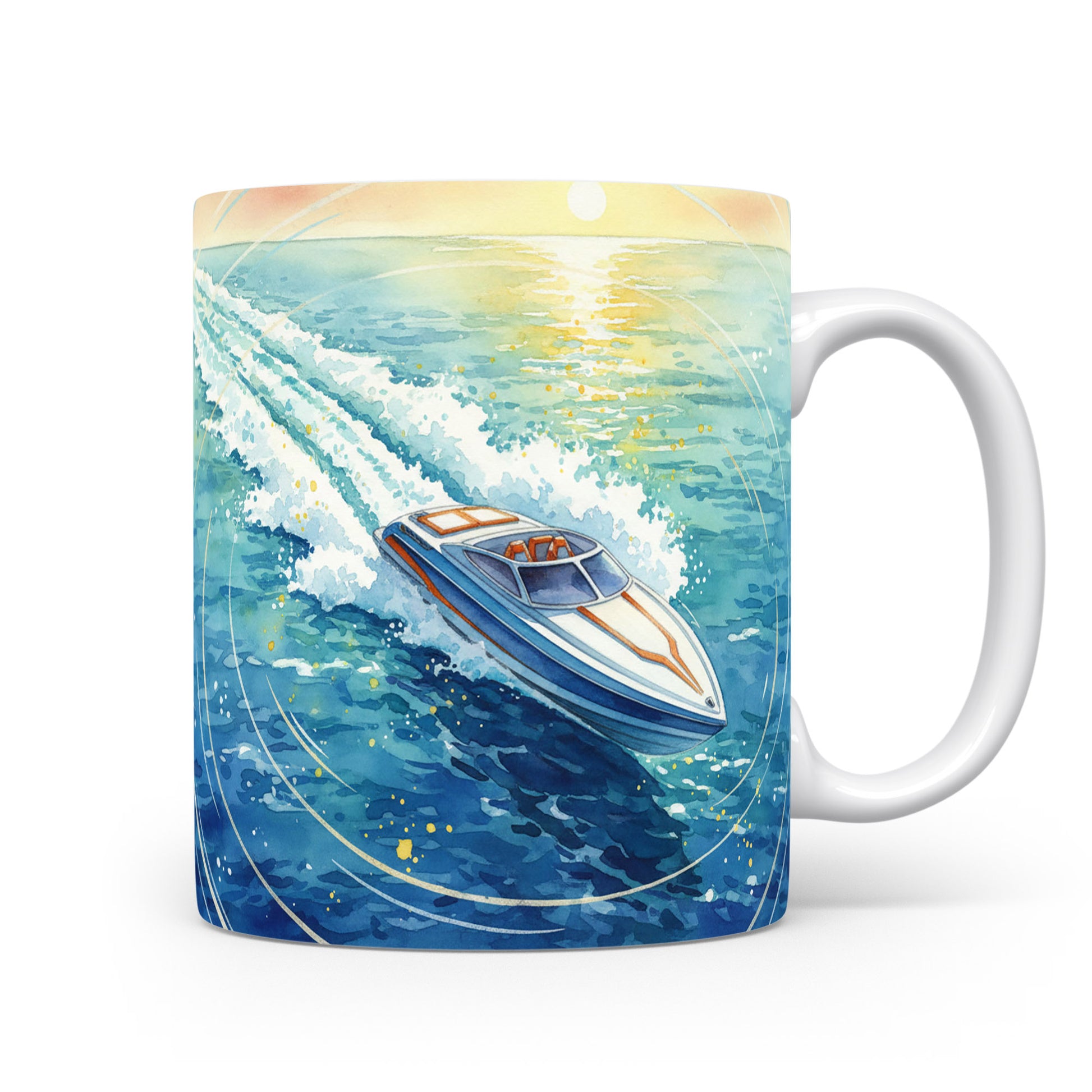 Hrnek s motorovým člunem na moři