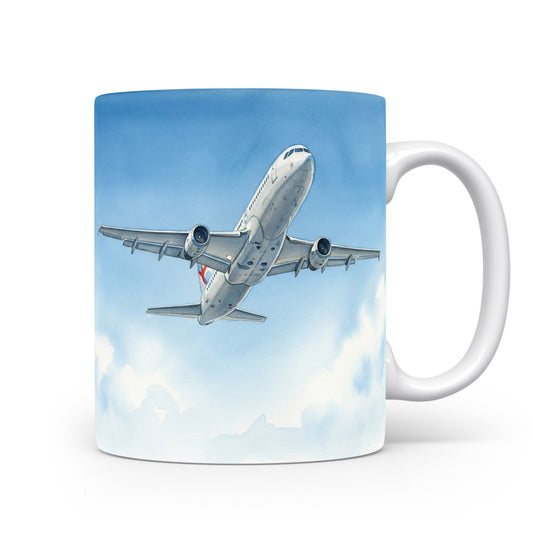 Hrnek s letadlem v modrém nebi