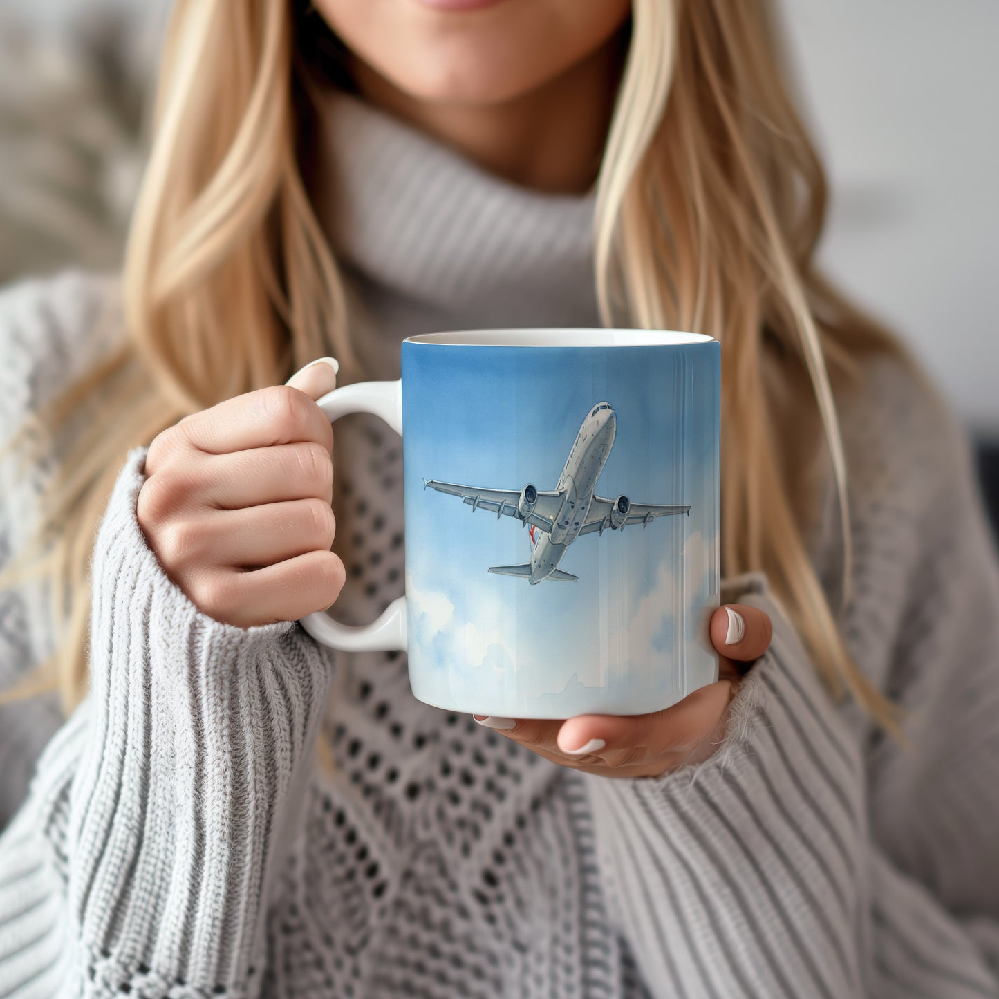 Hrnek s letadlem v modrém nebi