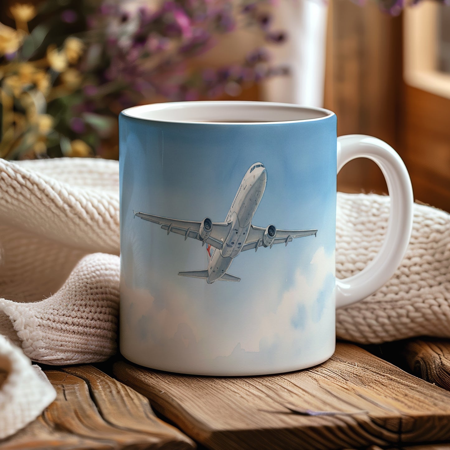 Hrnek s letadlem v modrém nebi