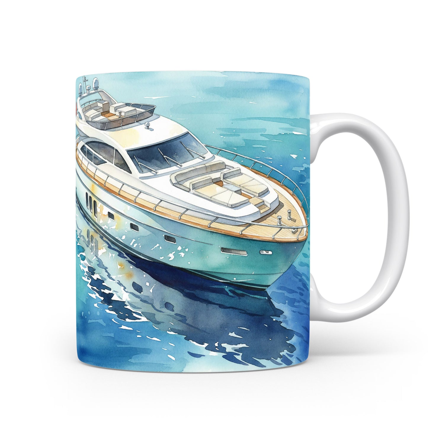 Hrnek s luxusní jachtou na klidné hladině
