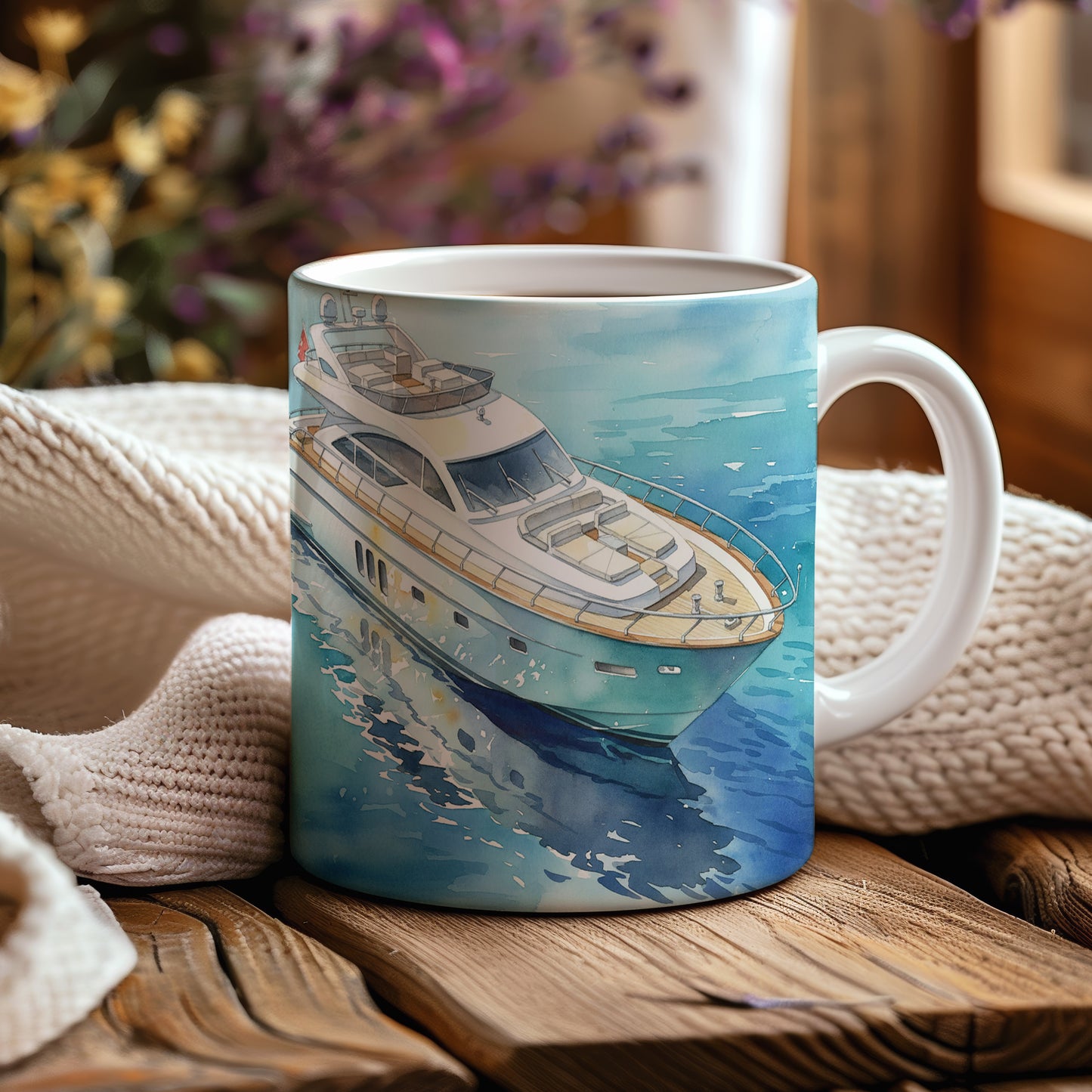 Hrnek s luxusní jachtou na klidné hladině