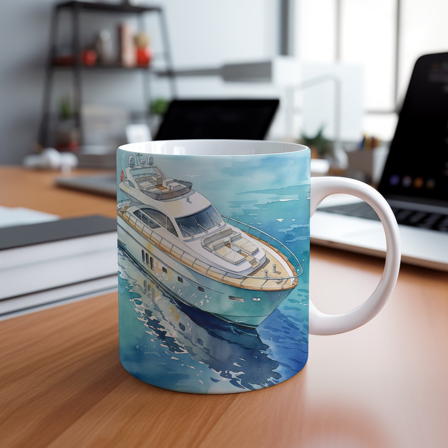 Hrnek s luxusní jachtou na klidné hladině