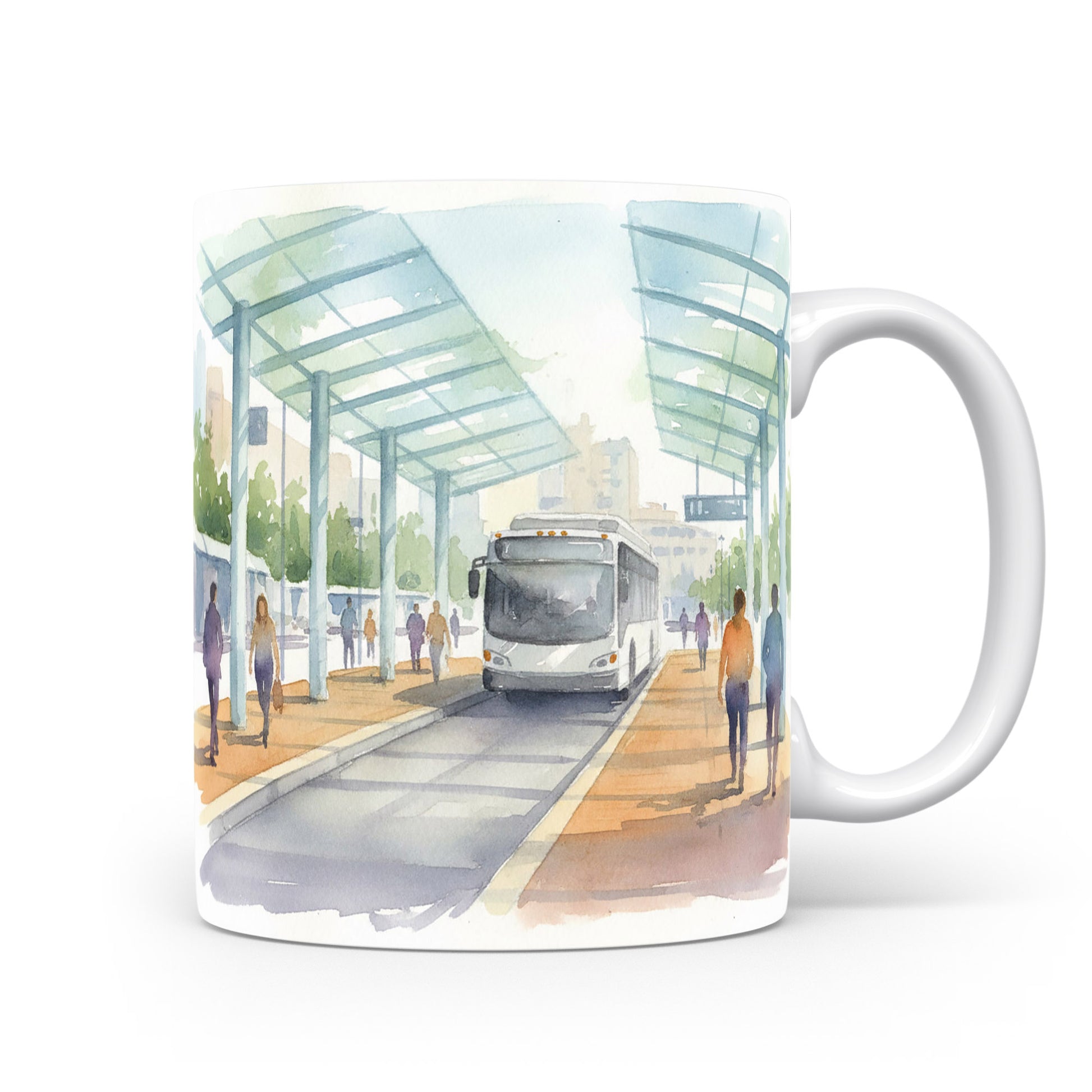 Akvarelový hrnek s autobusem na zastávce