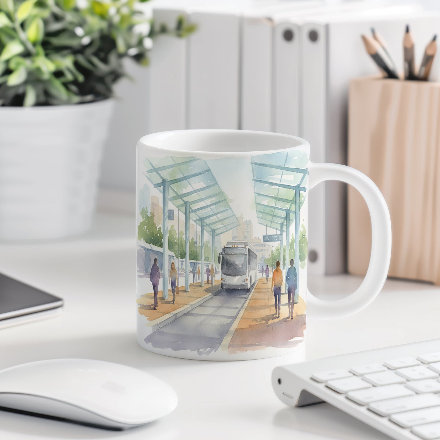 Hrnek s autobusem na zastávce