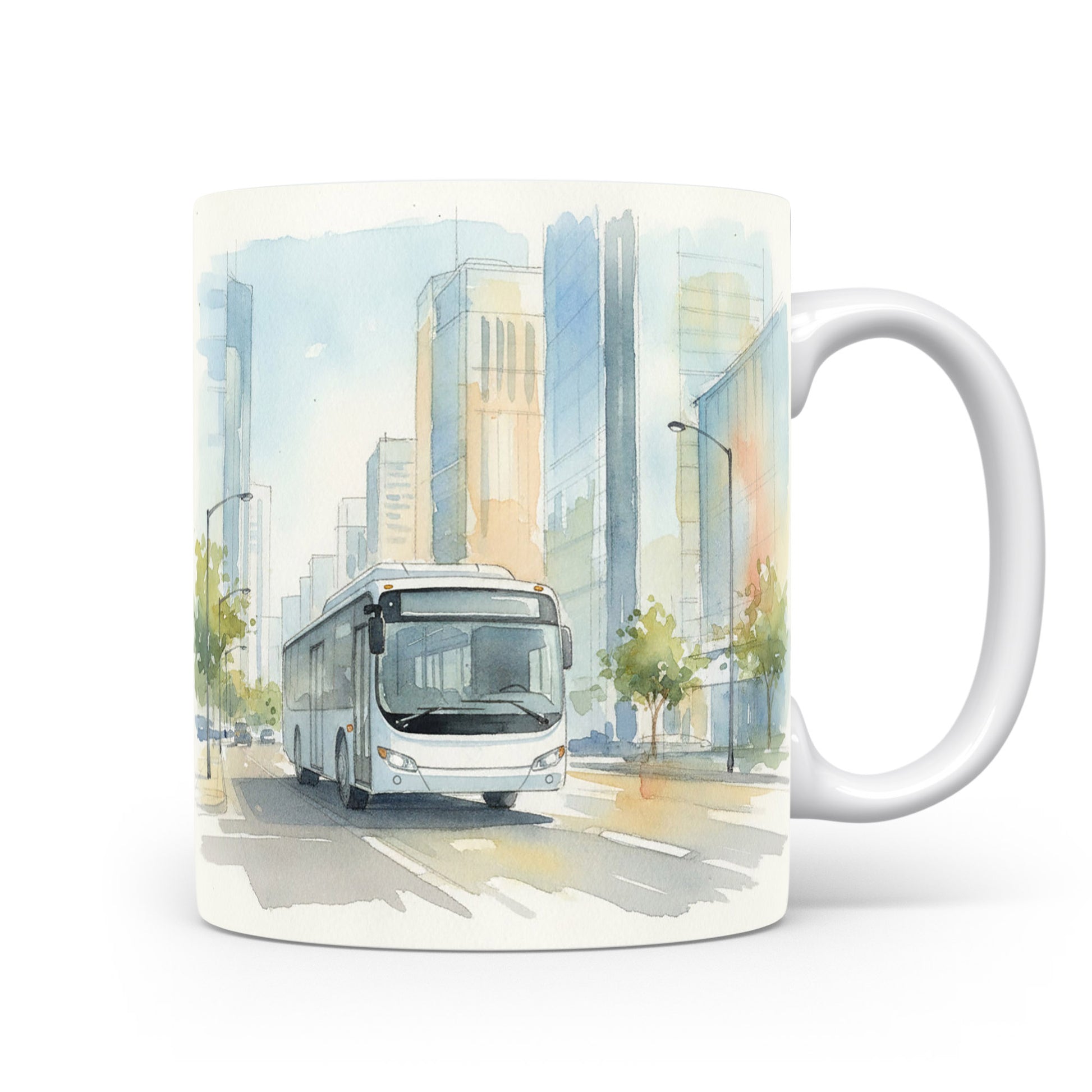 Hrnek s autobusem v akvarelu