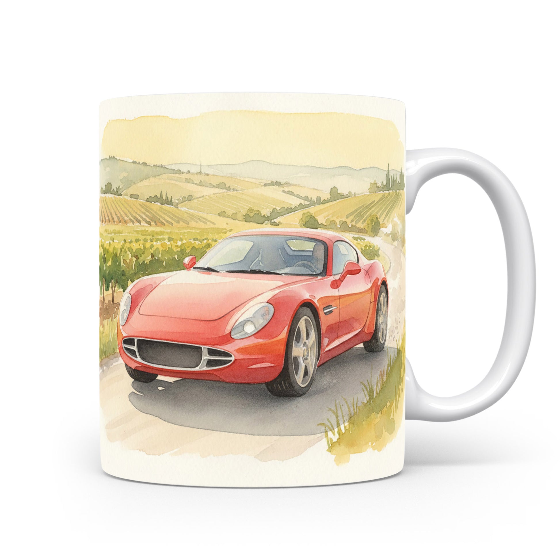 Hrnek s červeným sportovním autem na venkově