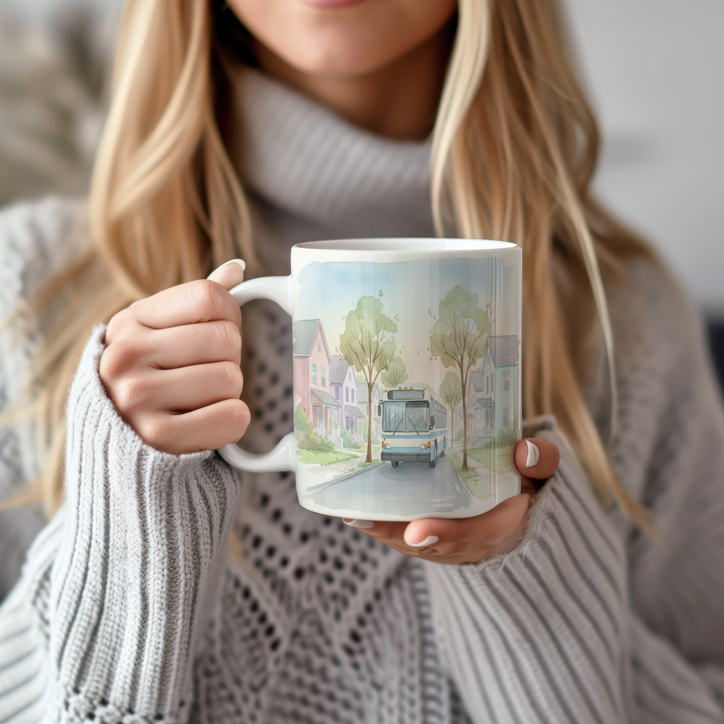 Hrnek s autobusem v klidné ulici