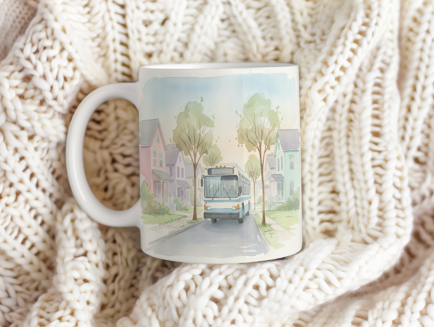 Hrnek s autobusem v klidné ulici