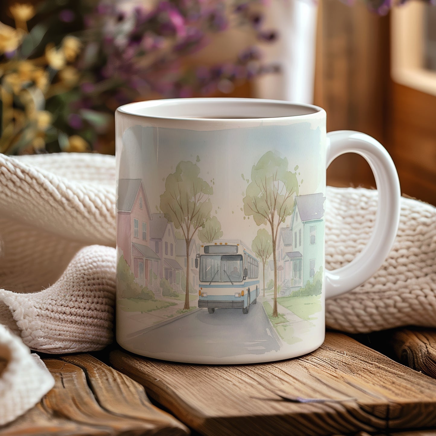 Hrnek s autobusem v klidné ulici