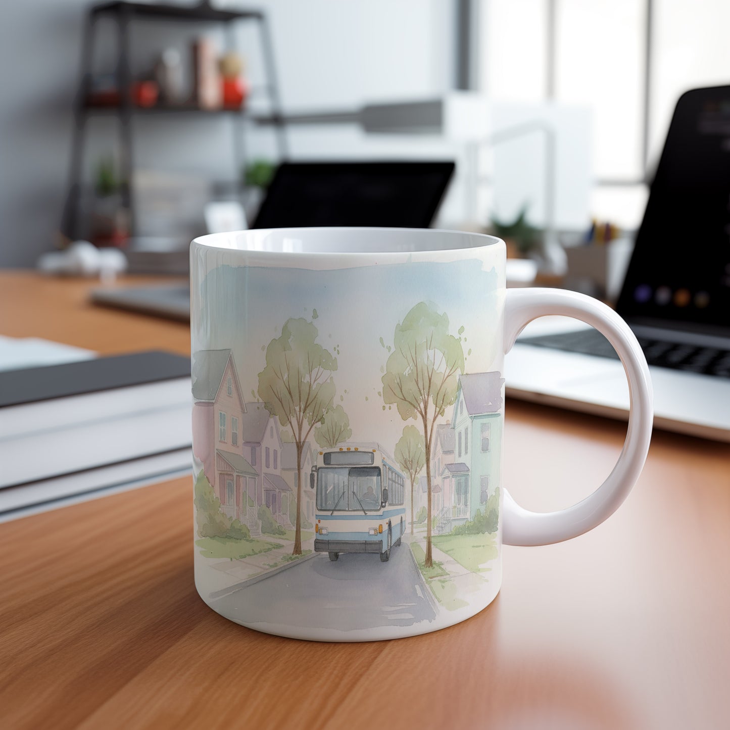 Hrnek s autobusem v klidné ulici