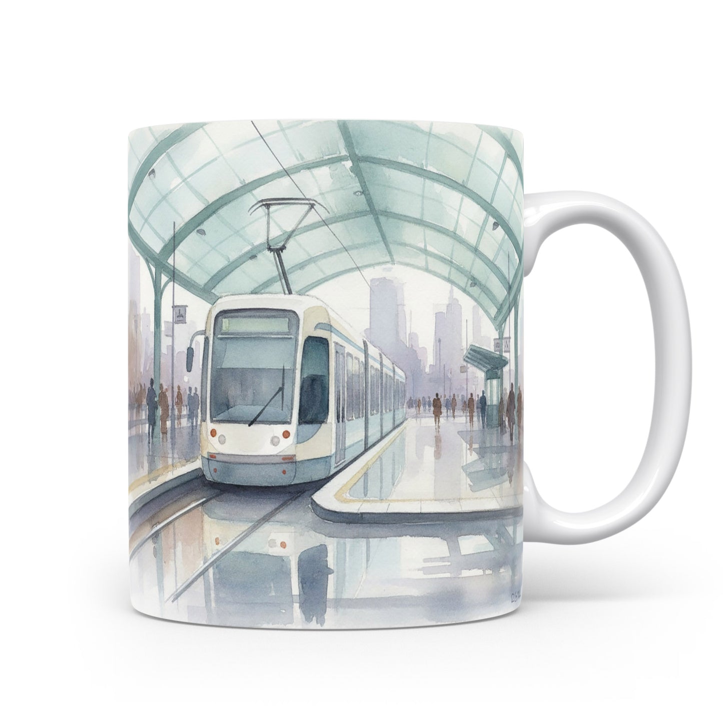 Hrnek s tramvají u moderní stanice