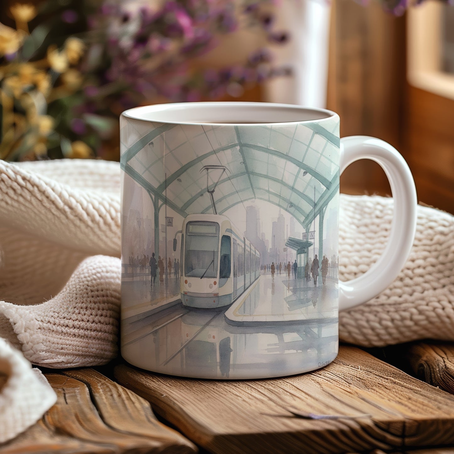 Hrnek s tramvají u moderní stanice