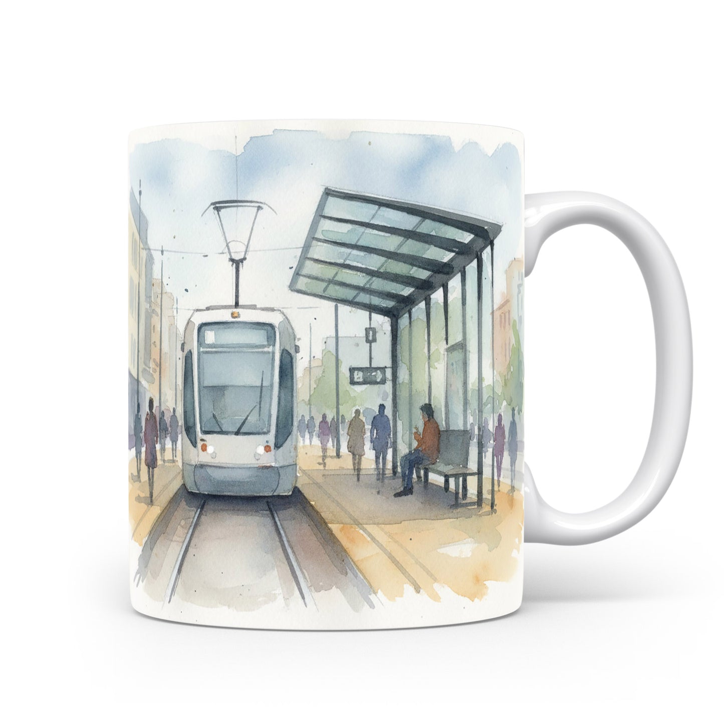 Tramvaj na zastávce v akvarelu