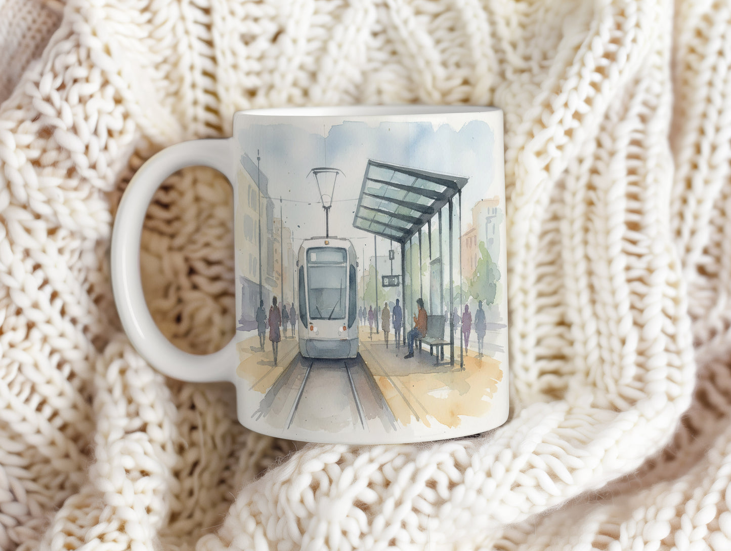 Hrnek s tramvají na zastávce