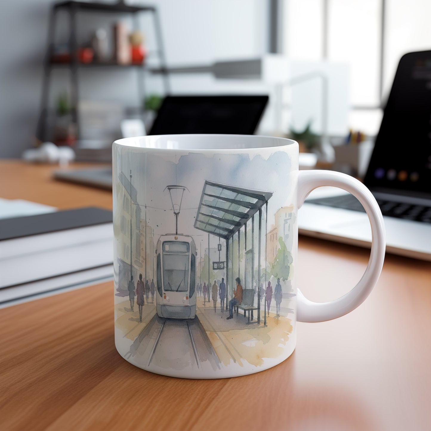 Hrnek s tramvají na zastávce