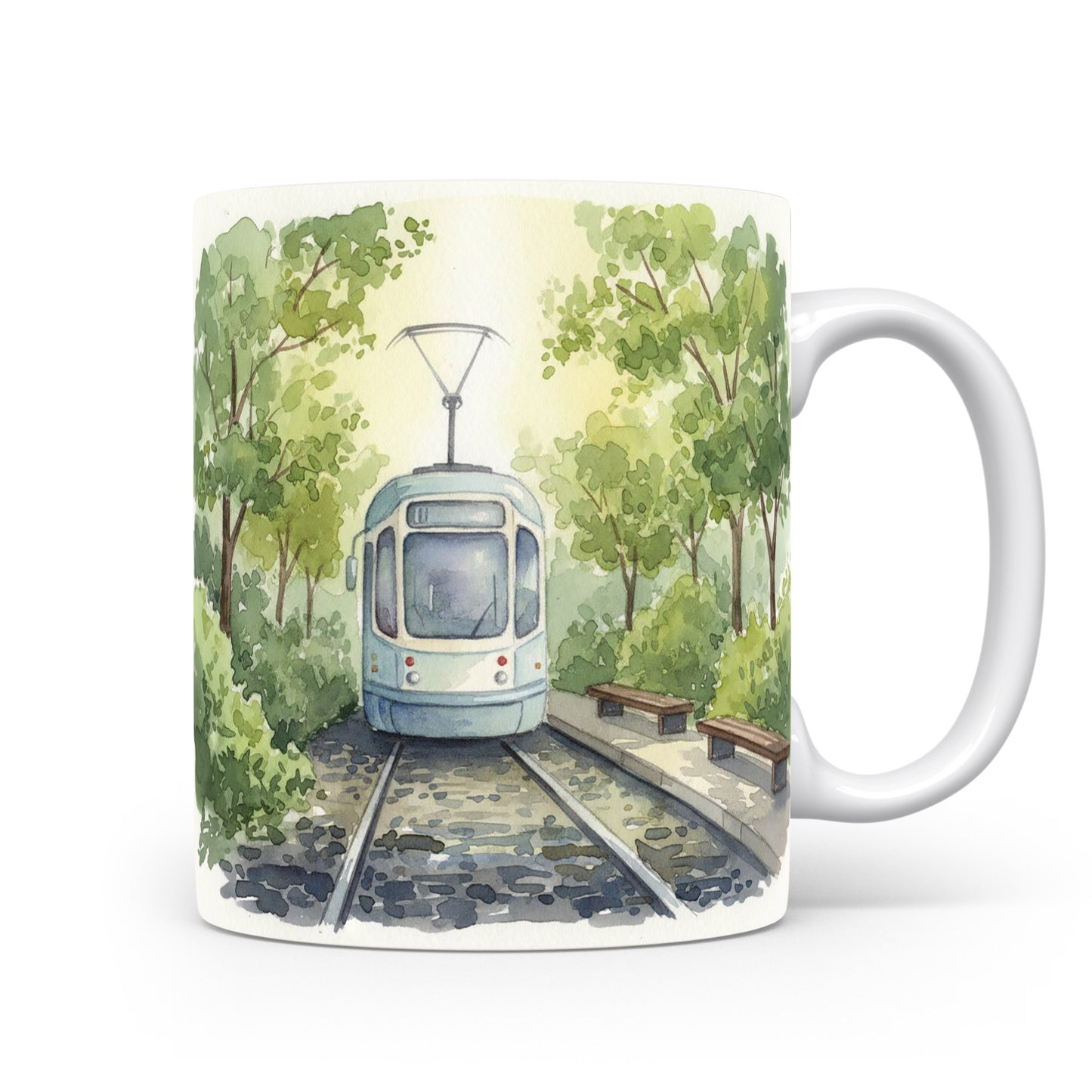 Tramvaj v parku na akvarelovém hrnku