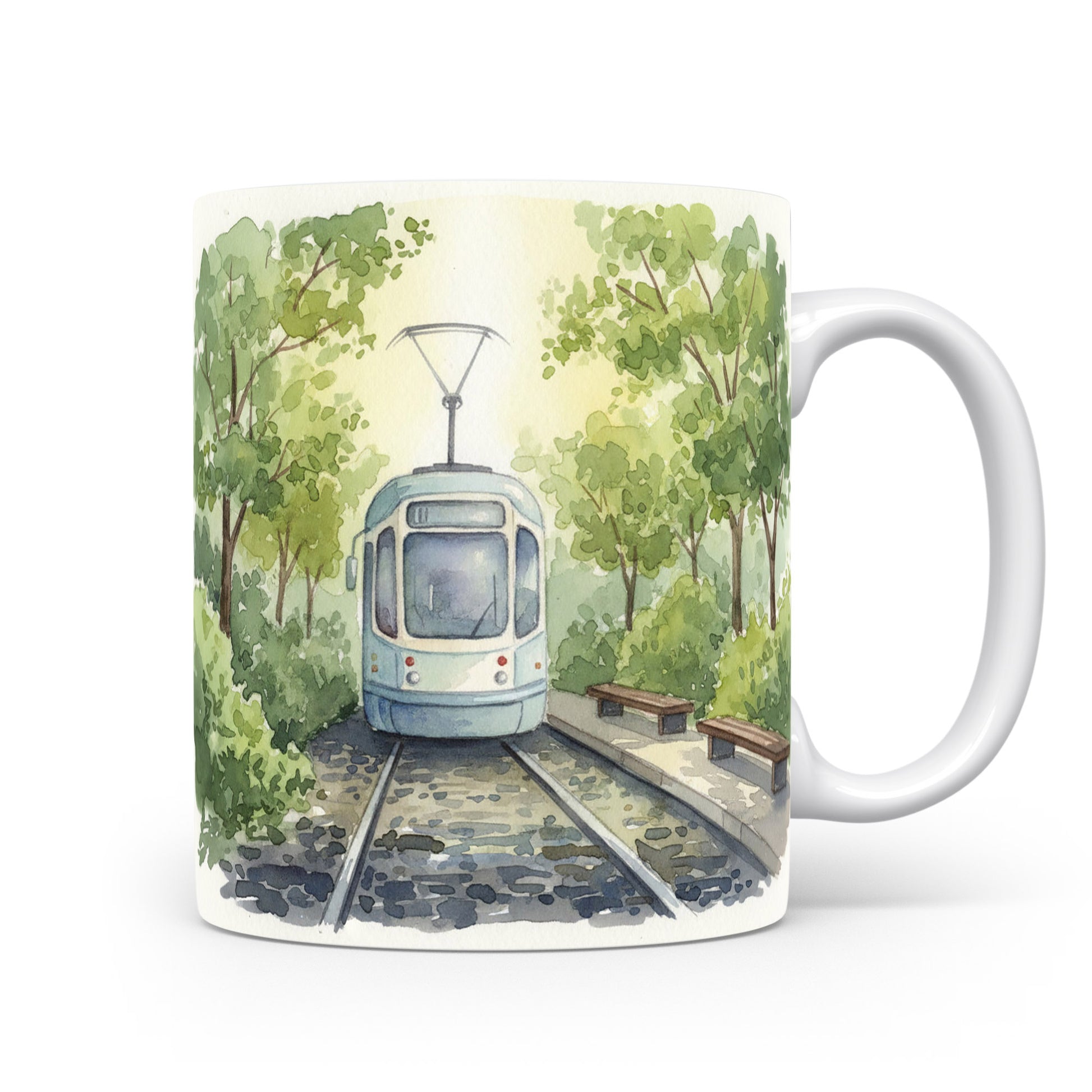 Tramvaj v parku na akvarelovém hrnku