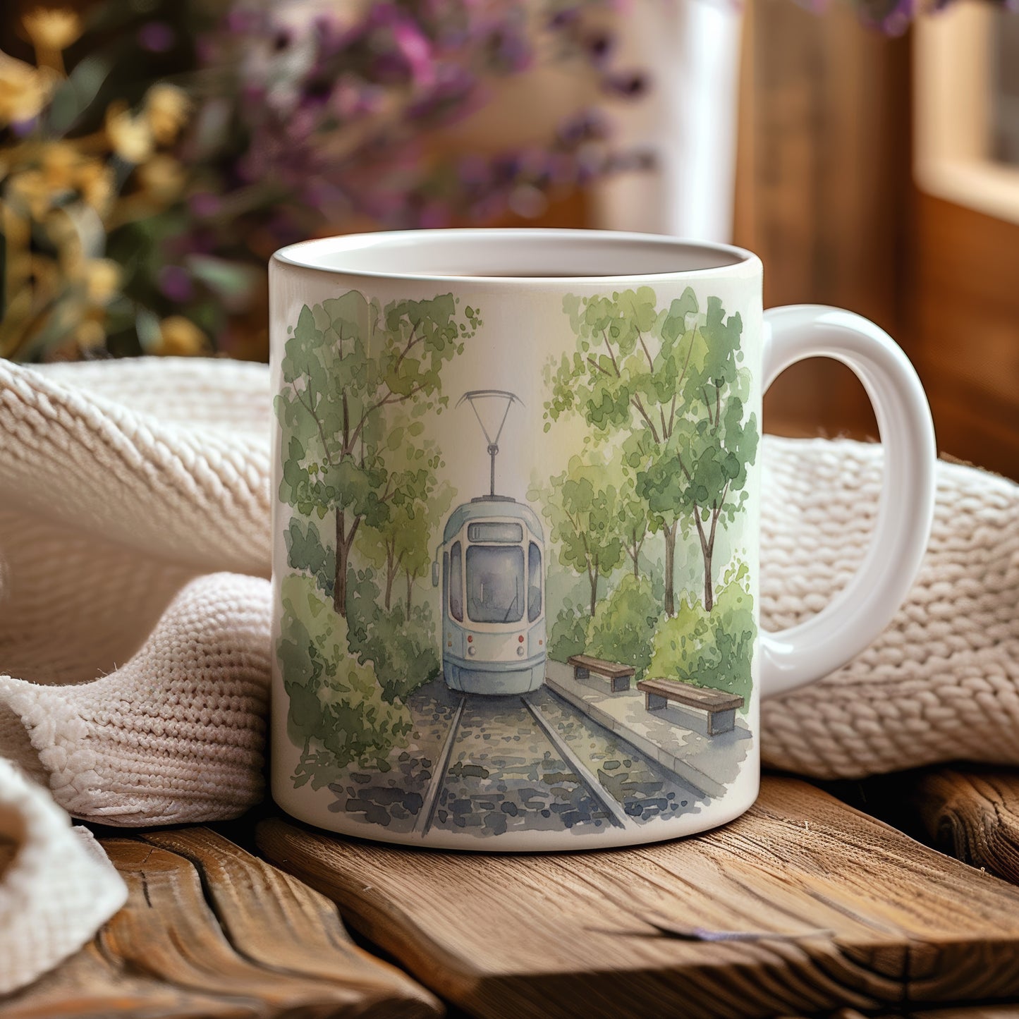 Hrnek s tramvají v parku