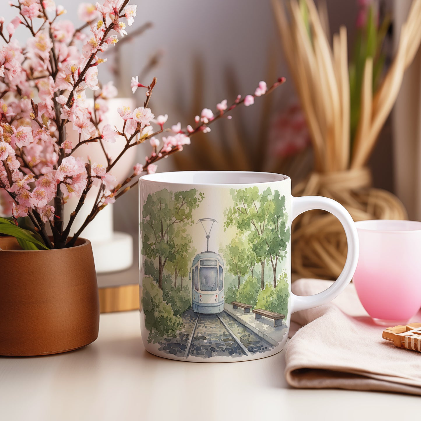 Hrnek s tramvají v parku