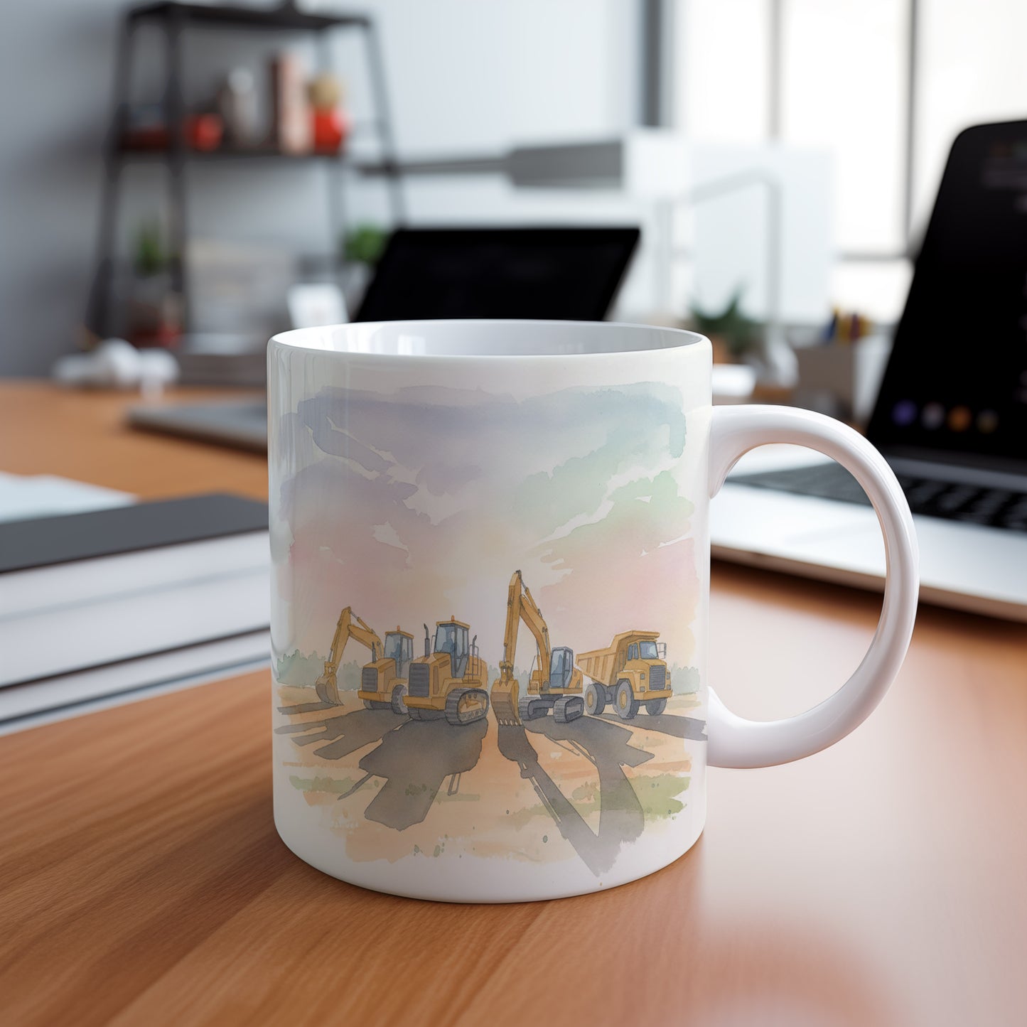 Hrnek se stavebními stroji při západu slunce