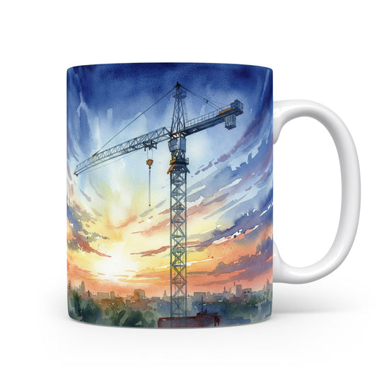 Akvarelový jeřáb nad městem na hrnku