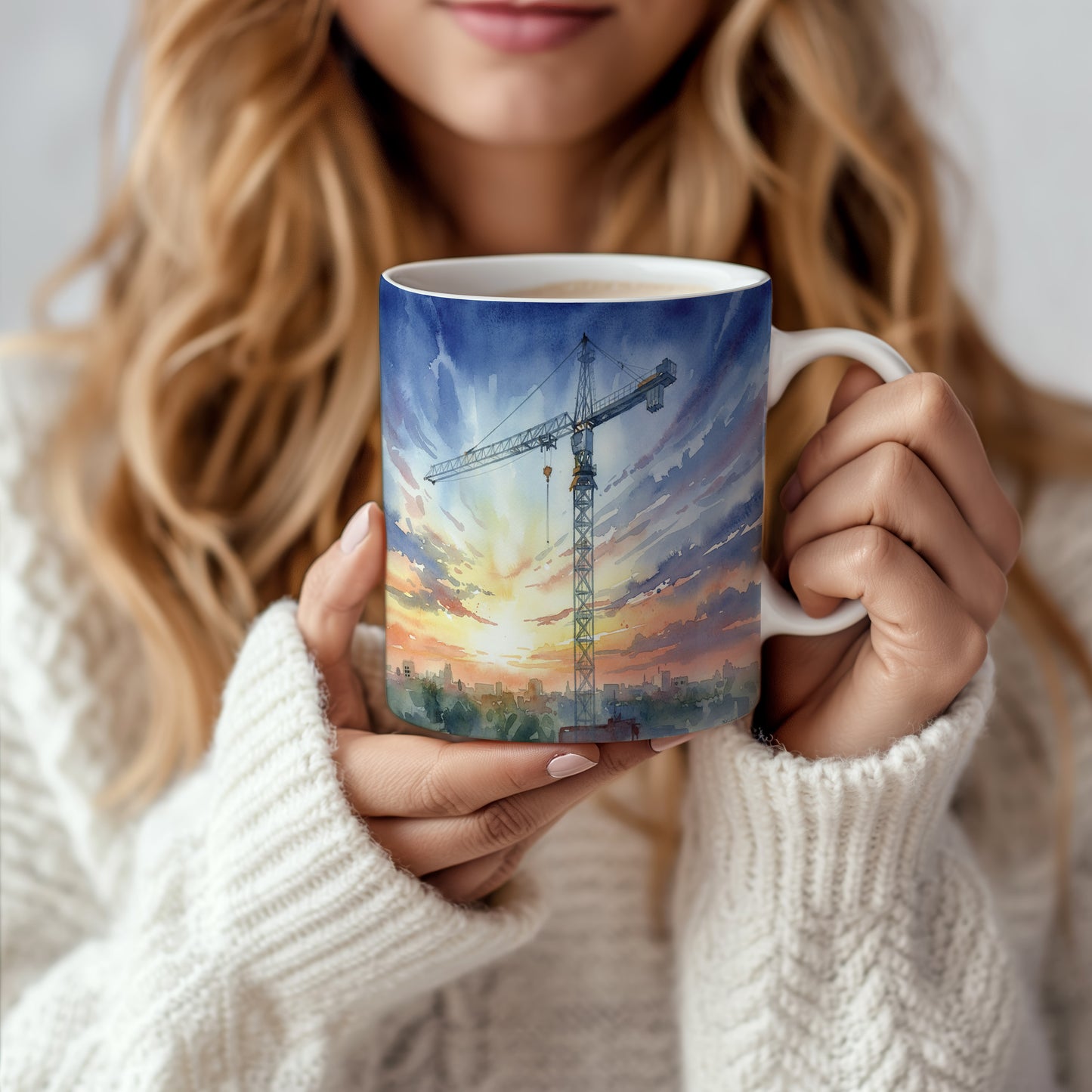 Hrnek s jeřábem nad městem