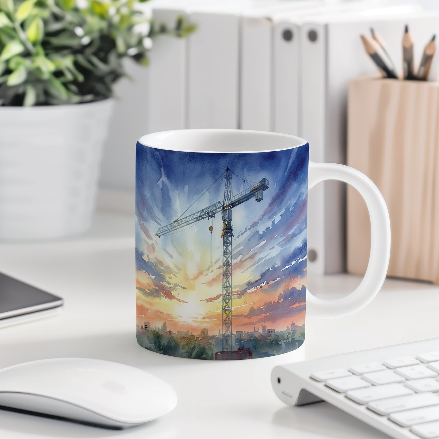 Hrnek s jeřábem nad městem