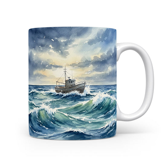 Hrnek s rybářskou lodí na moři