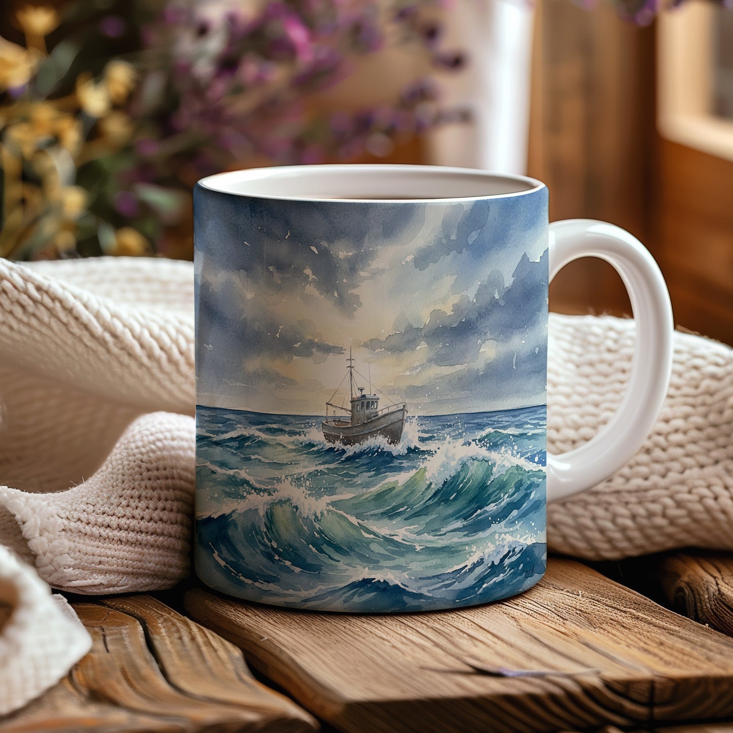 Hrnek s rybářskou lodí na rozbouřeném moři