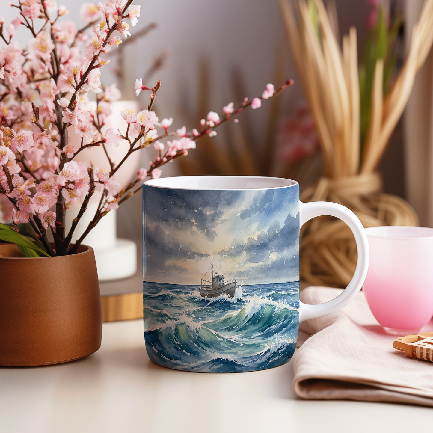 Hrnek s rybářskou lodí na rozbouřeném moři