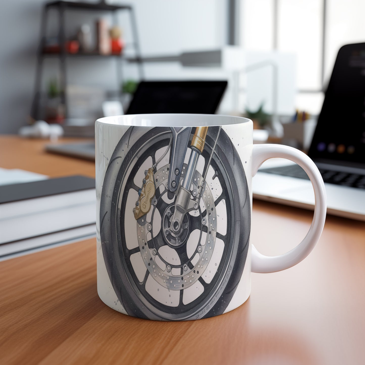 Hrnek s motorkou na silnici