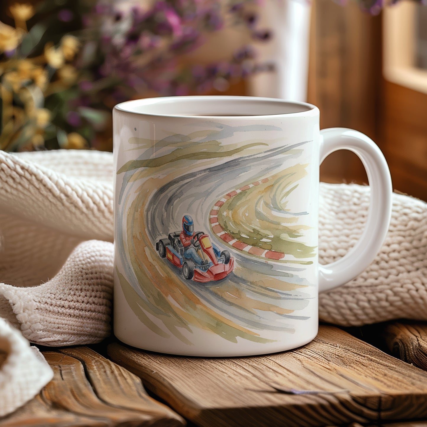 Hrnek s motokárou na závodní dráze