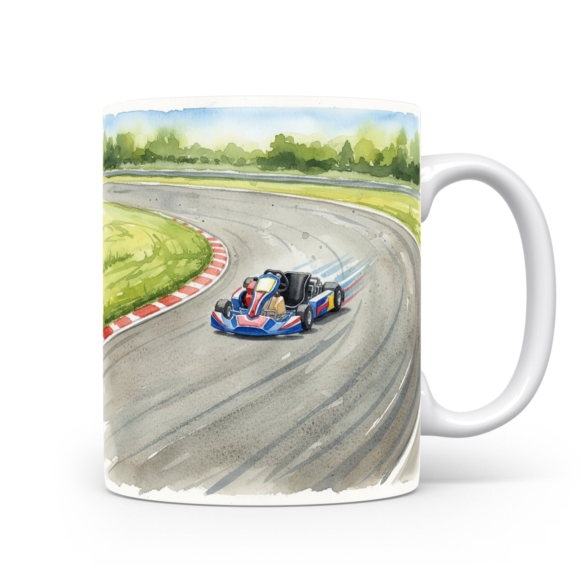 Hrnek s motokárou na okruhu