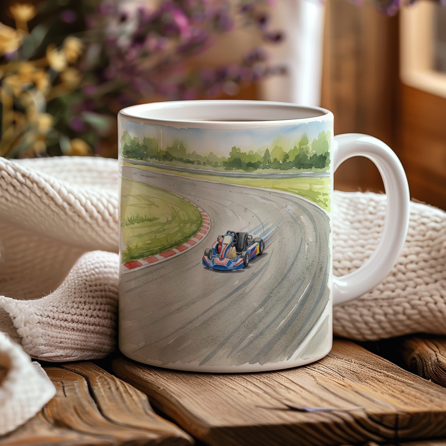 Hrnek s motokárou na okruhu