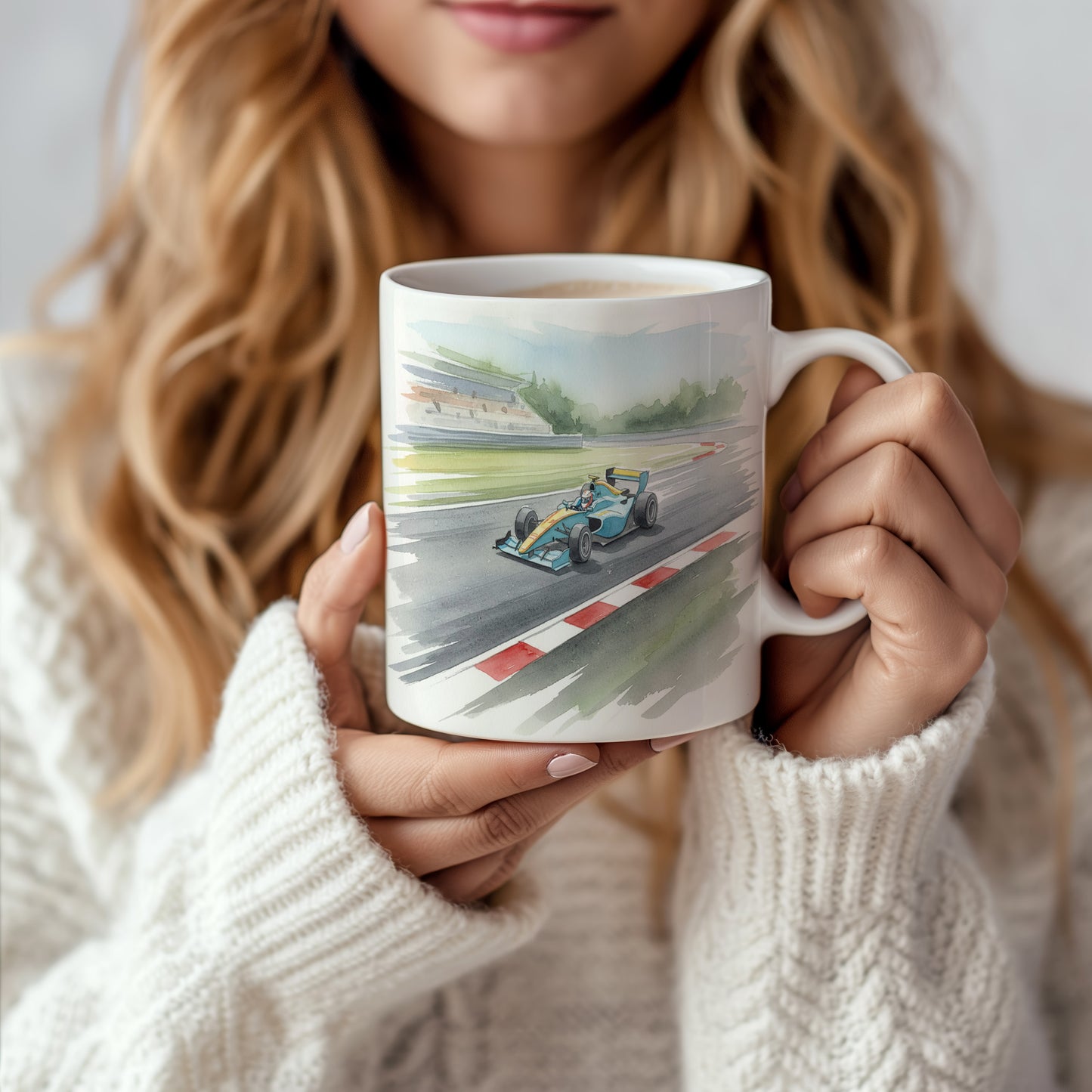 Hrnek s formulí na závodní dráze