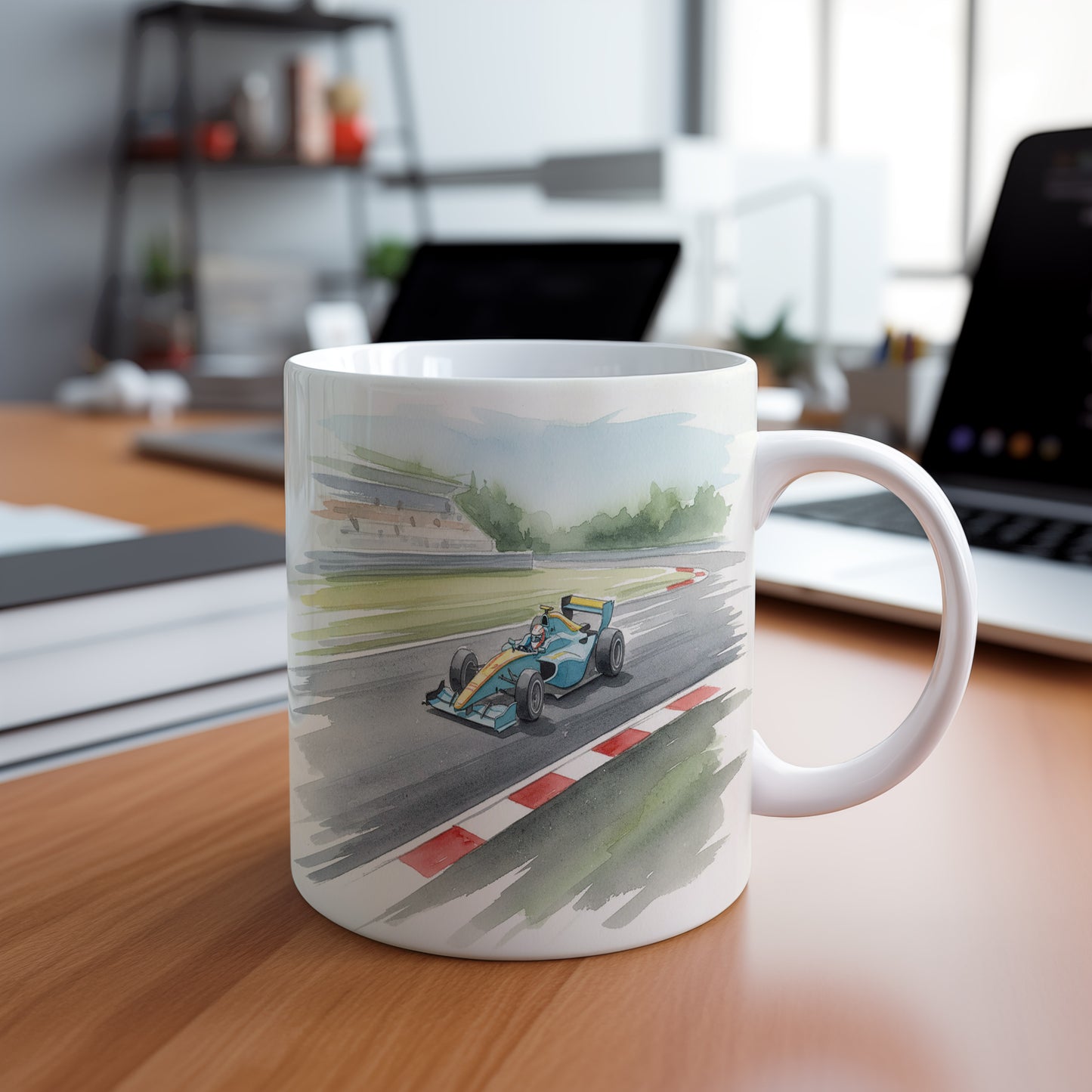 Hrnek s formulí na závodní dráze