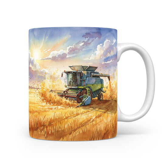 Hrnek se sklízecí mlátičkou za úsvitu