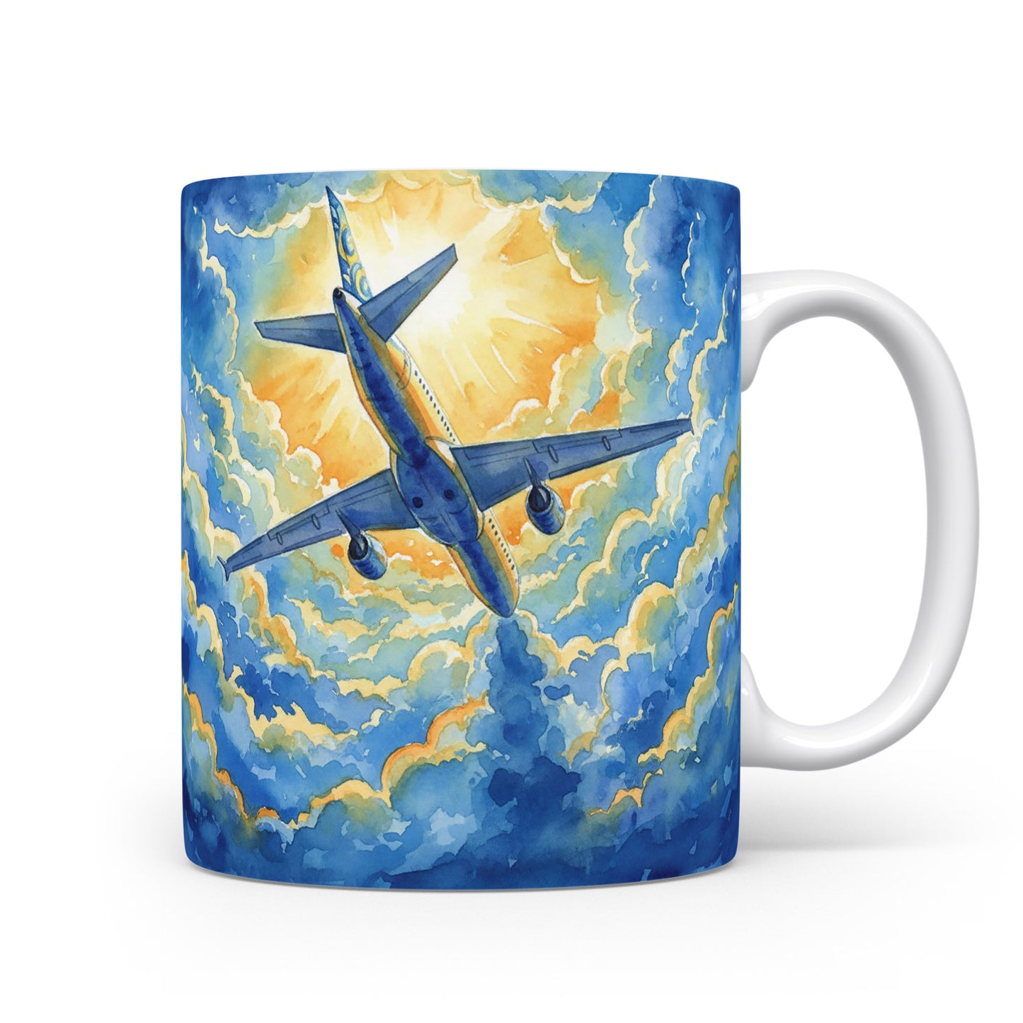 Letadlo v záři slunce na hrnku