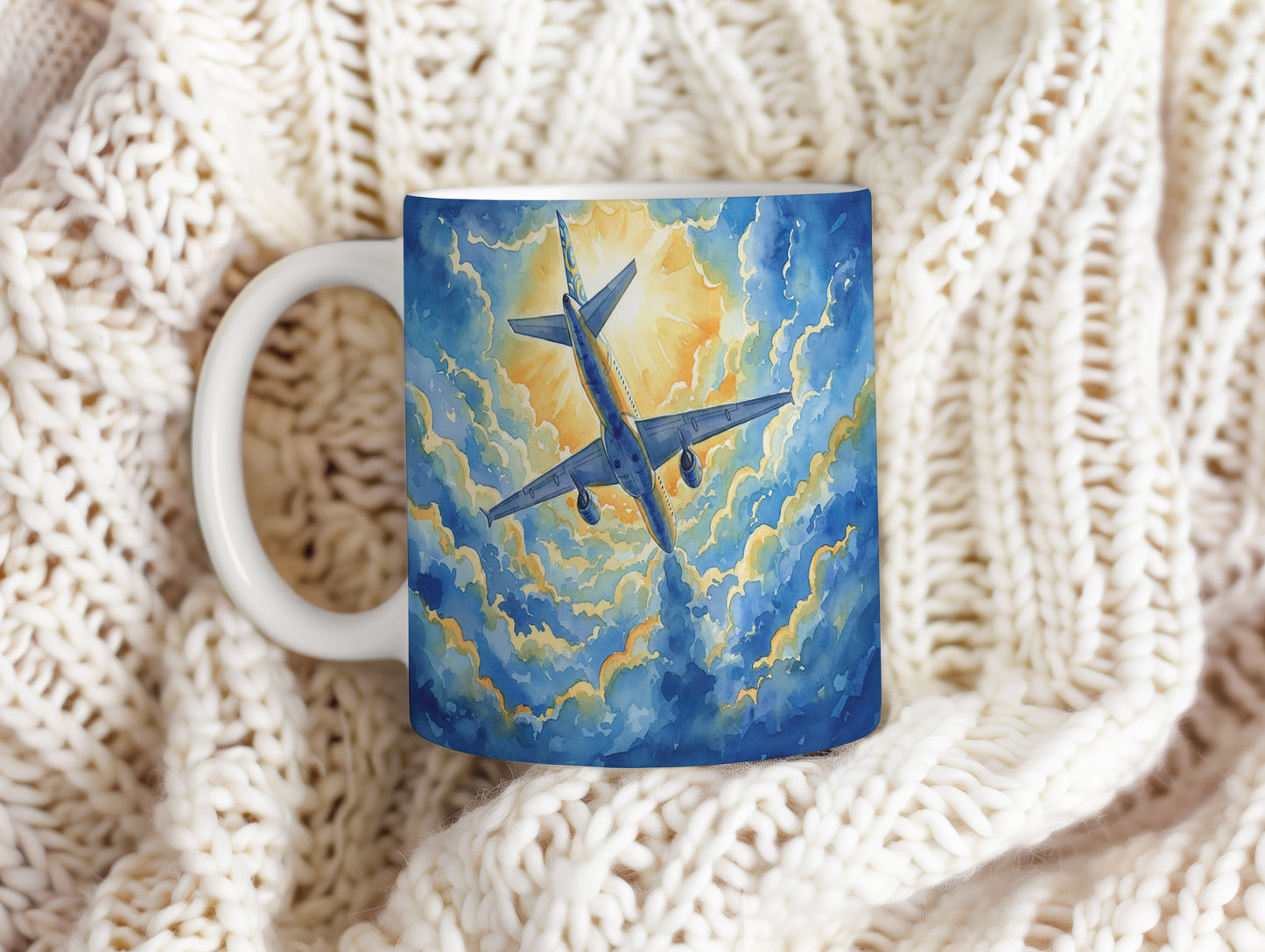 Hrnek s letadlem v záři slunce