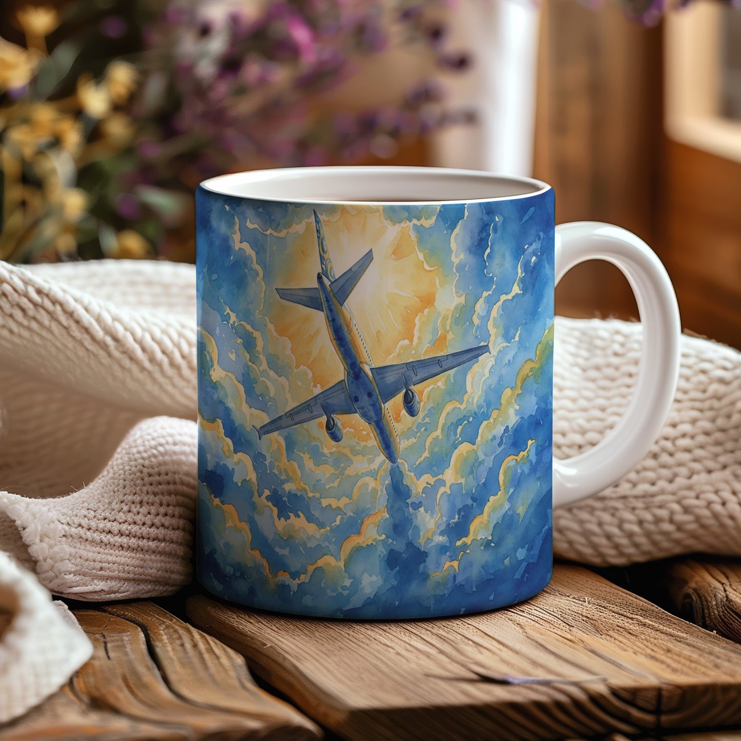 Hrnek s letadlem v záři slunce