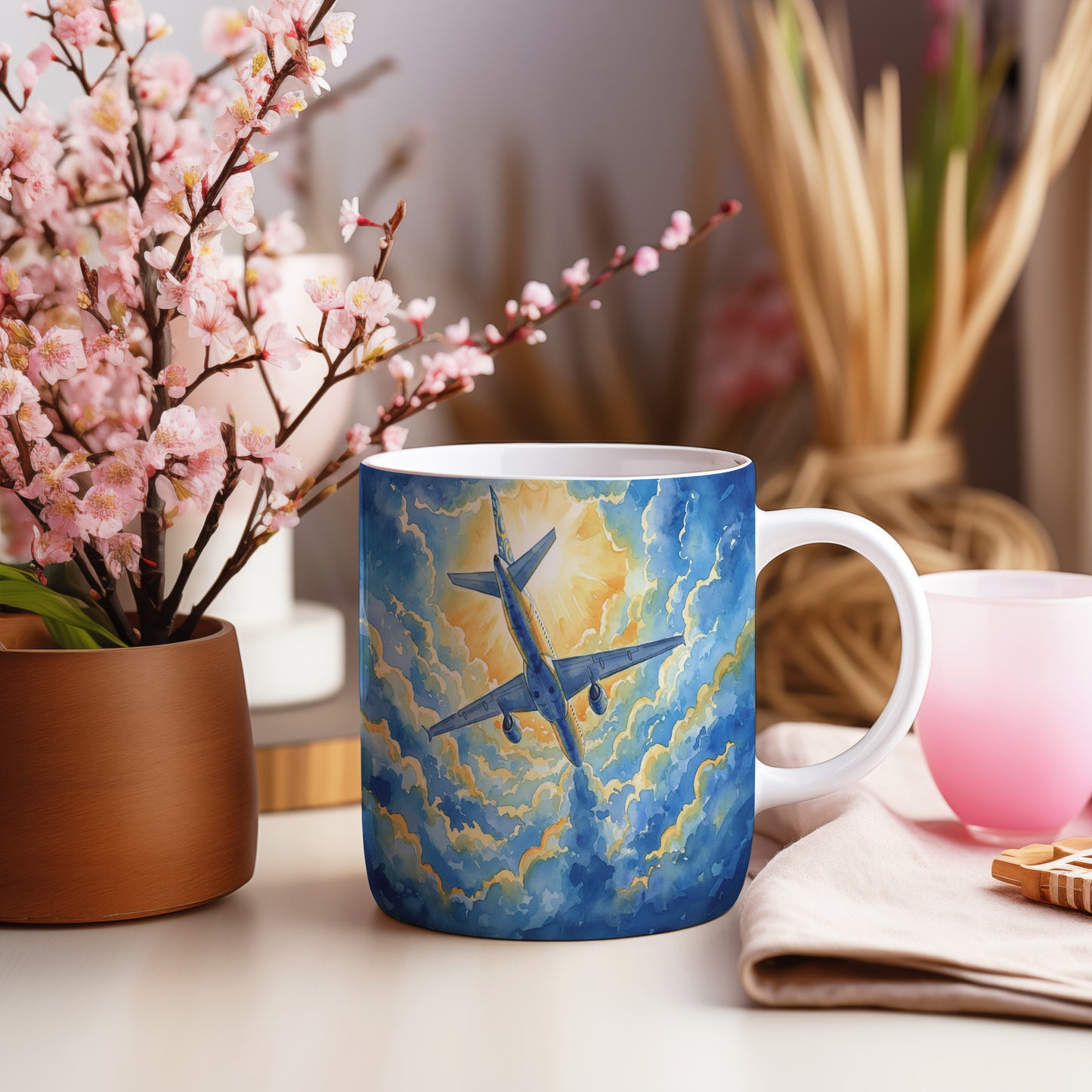 Hrnek s letadlem v záři slunce