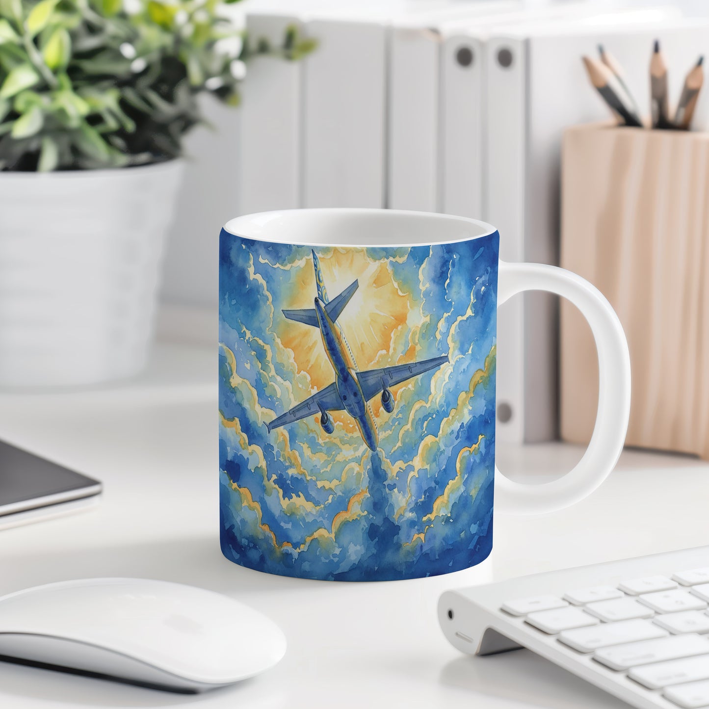 Hrnek s letadlem v záři slunce