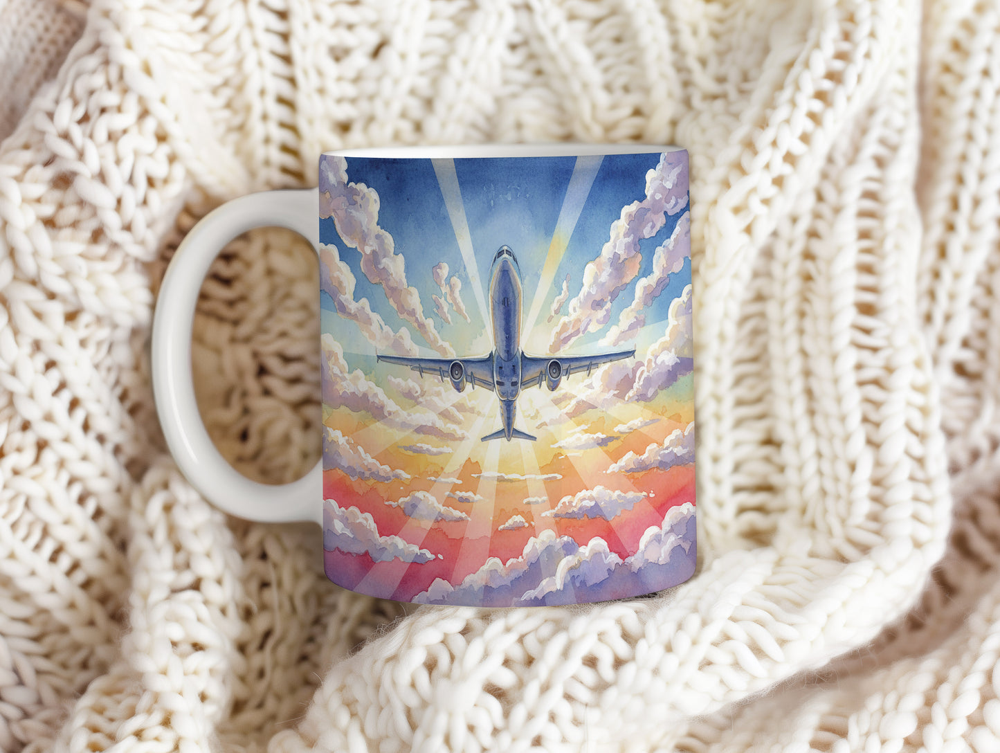 Hrnek s letadlem na vycházejícím slunci