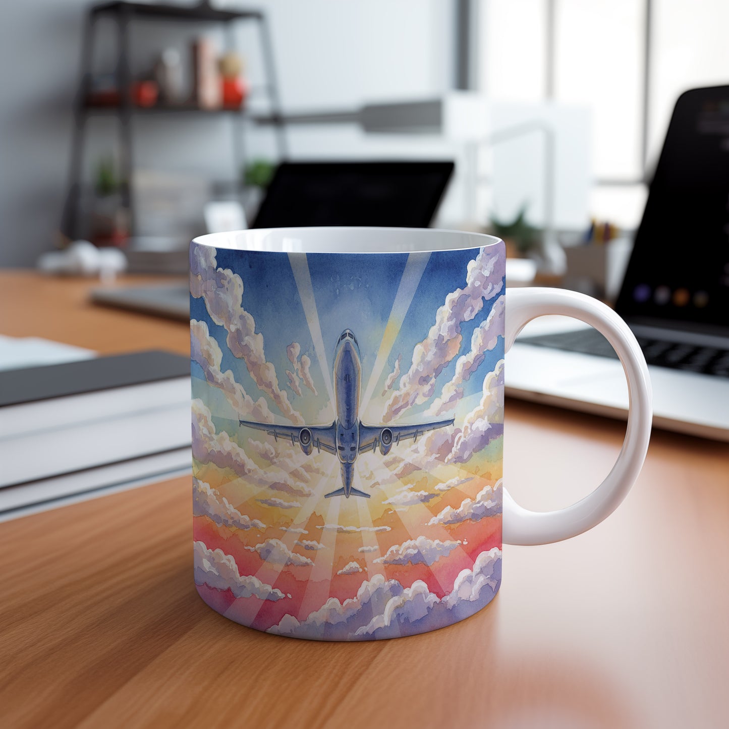 Hrnek s letadlem na vycházejícím slunci