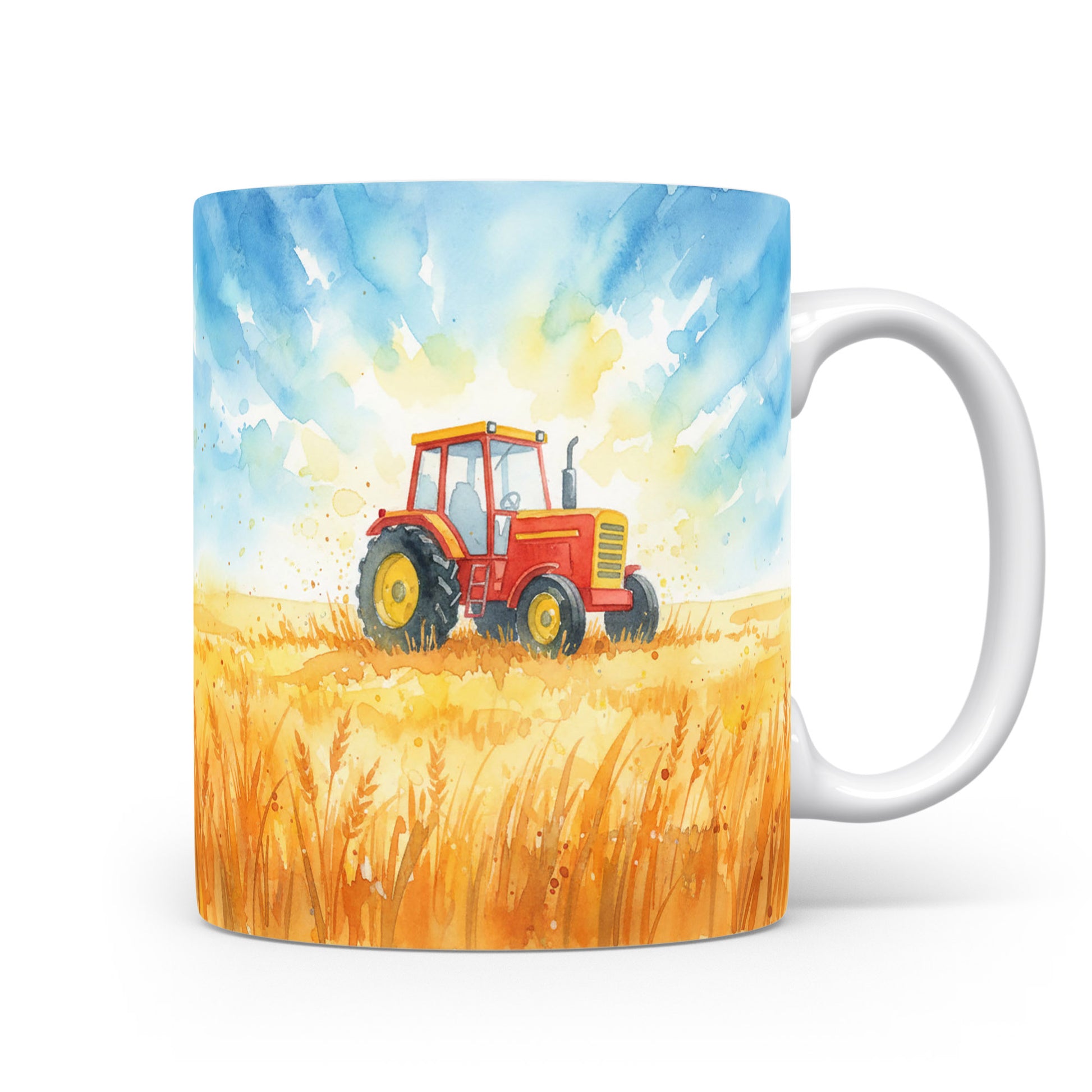 Traktor na hrnku pod modrou oblohou