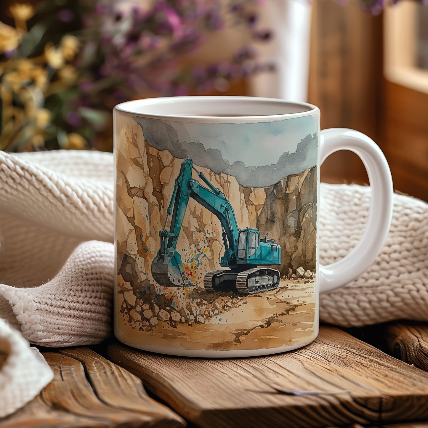 Hrnek s bagrem v kamenolomu