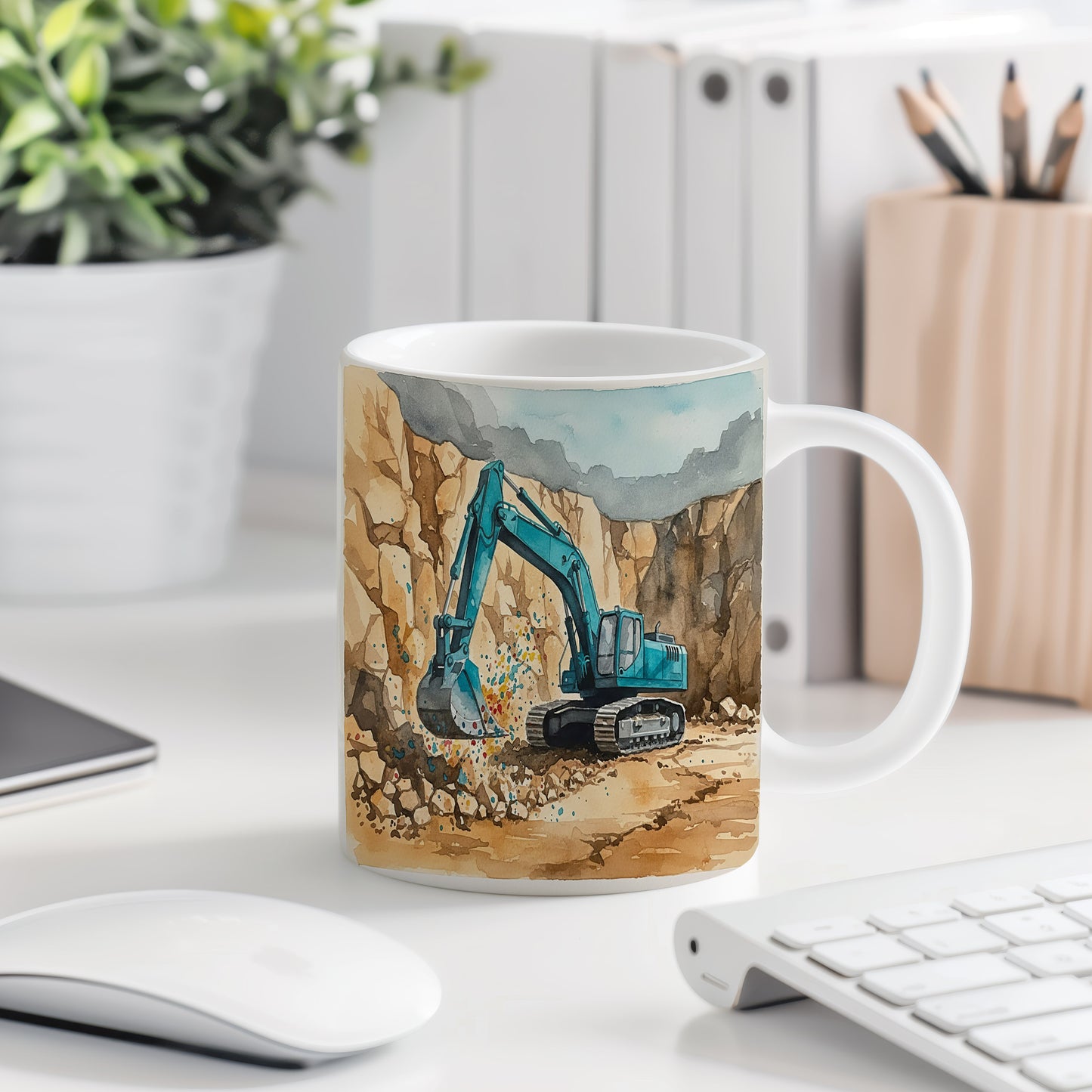 Hrnek s bagrem v kamenolomu